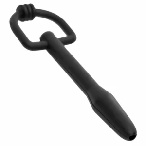 Black metal bottle opener with loop handle.