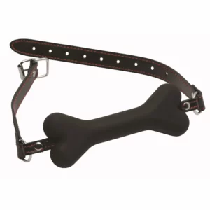 Black bone-shaped gag with adjustable strap.