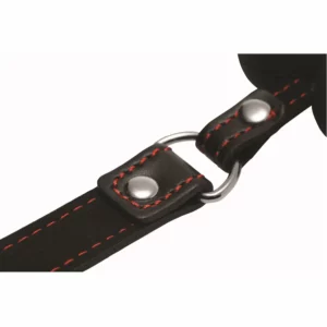 Black leather strap with red stitching and rivets.