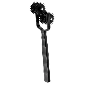 Black spiked massage tool with dual rolling heads.
