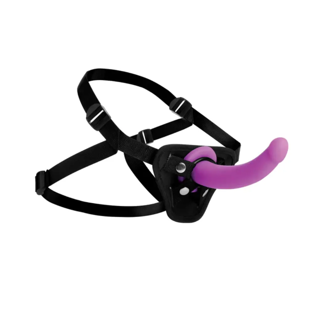 Purple strap-on harness with dildo