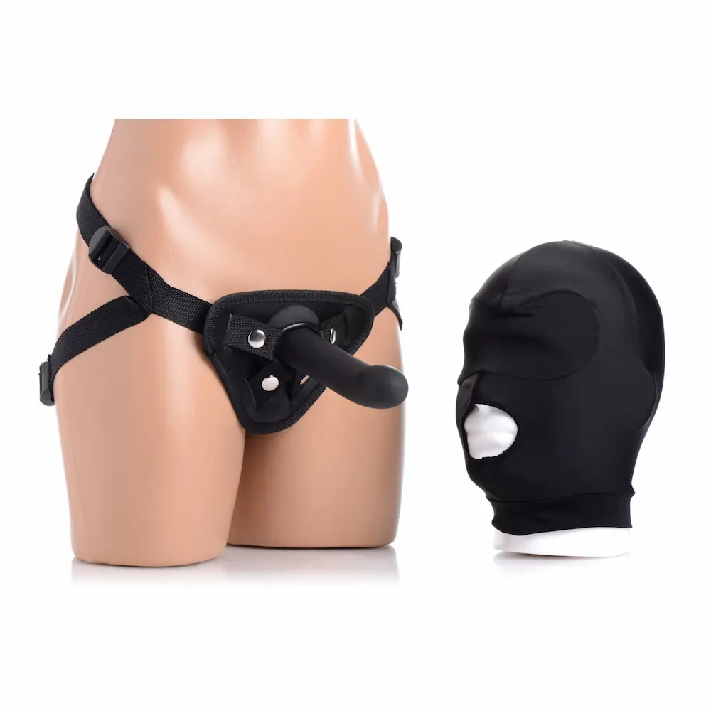 BDSM strap-on harness and hood mask