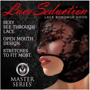 Lace bondage hood with open mouth design.