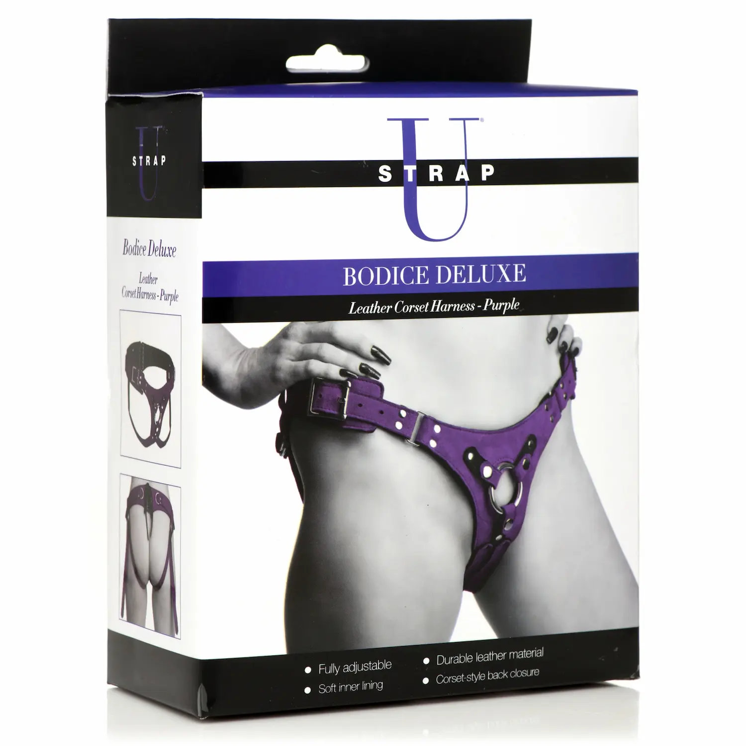 Purple leather corset harness packaging