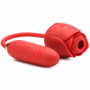 Red rose-shaped personal massager with attached device.