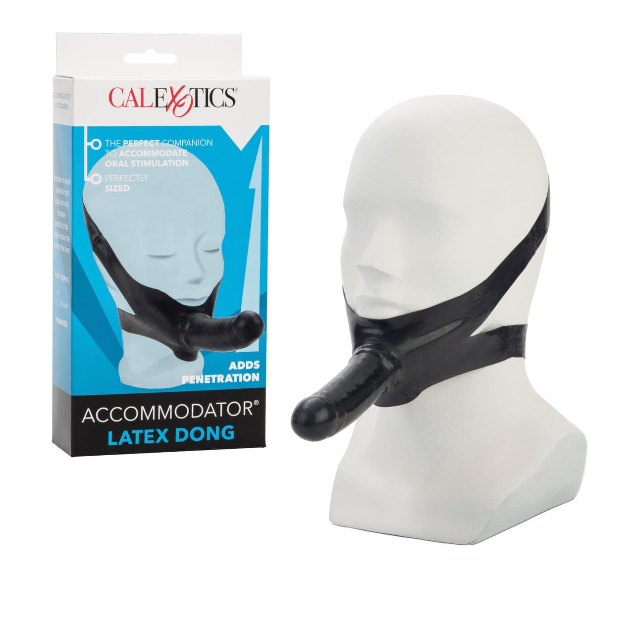 Latex dong displayed on mannequin head with packaging.