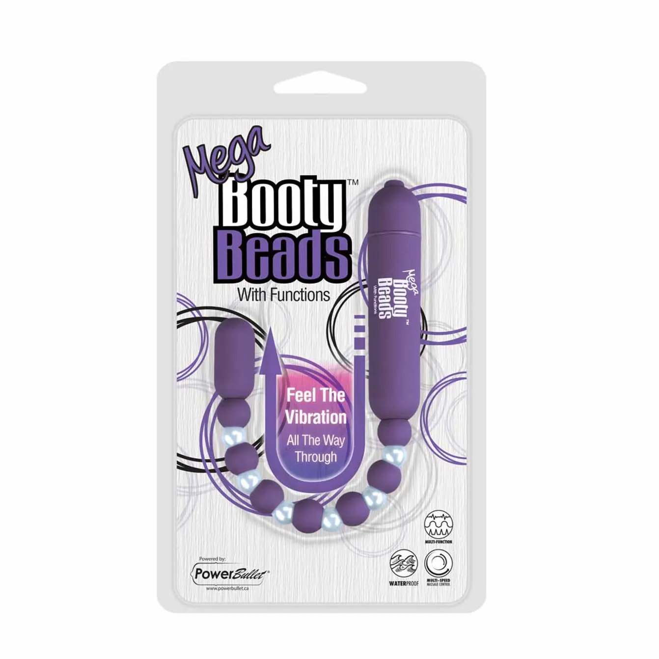 Purple vibrating beads packaging with various features.