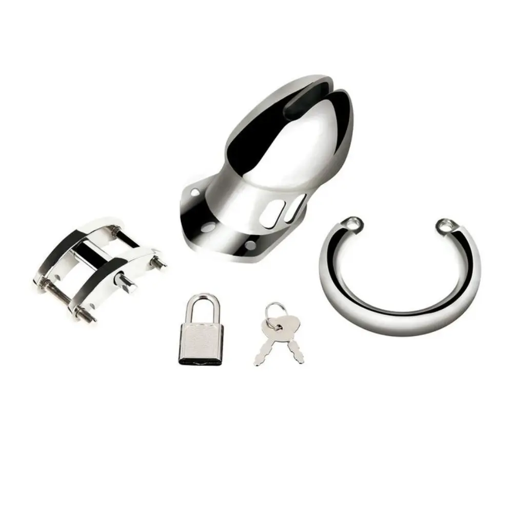 Metal chastity device with lock and keys.