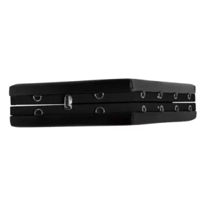 Black leather bondage platform with metal rings.