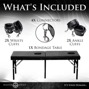Bondage set with cuffs, connectors, and table.