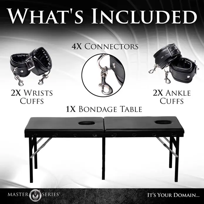 Bondage set with cuffs, connectors, and table.