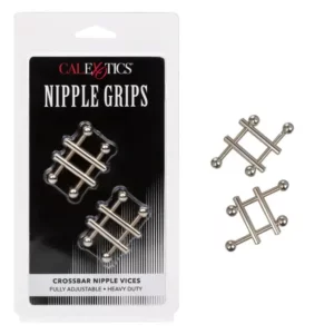 Adjustable metal nipple grips for sensory play.