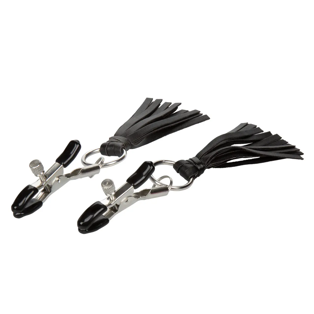 Black leather tassel clamps with clip attachments.