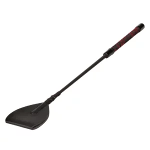 Black leather riding crop with red handle design.
