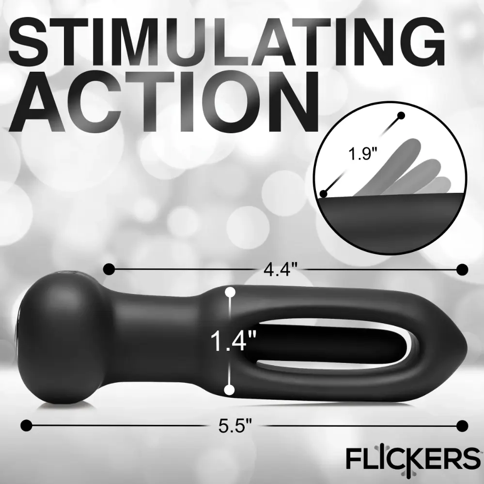 Black massage tool with dimensions labeled.
