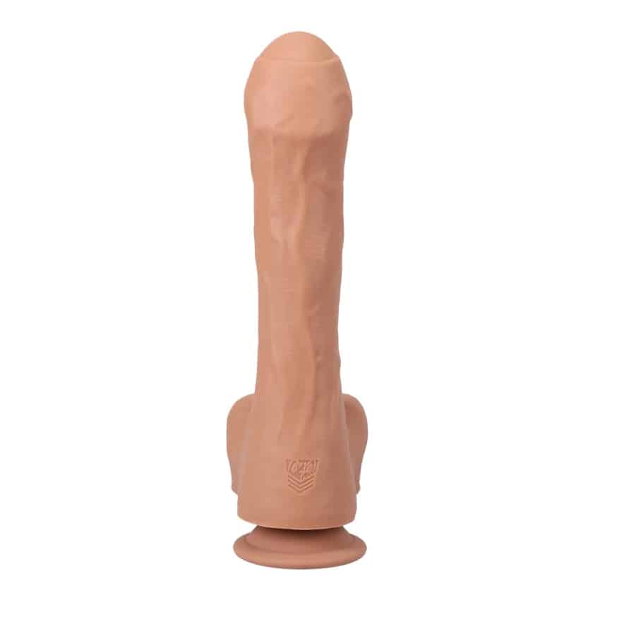 Realistic dildo with textured surface and power button.