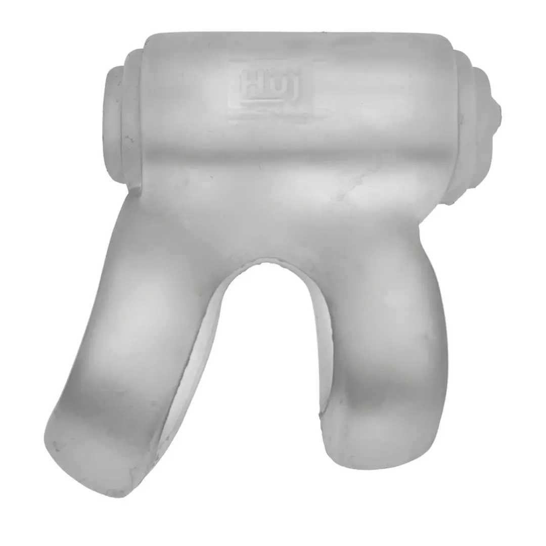 Gray bicycle seat clamp with logo.