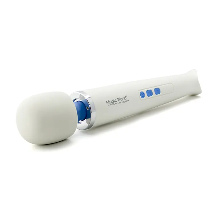Rechargeable white massager with blue buttons.