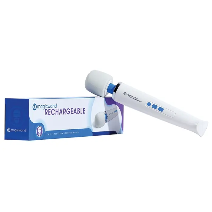 Rechargeable magic wand massager with packaging.