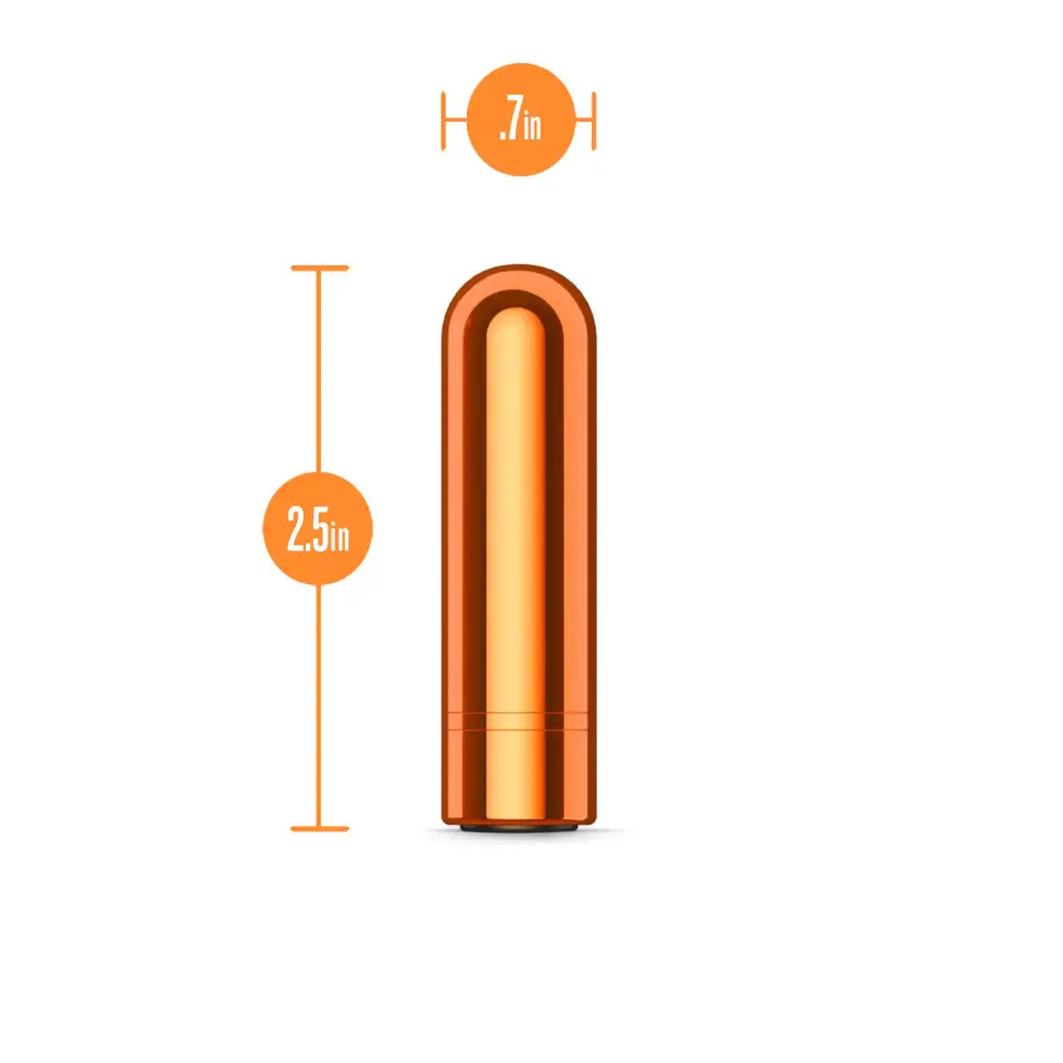 Orange bullet-shaped product, dimensions labeled.