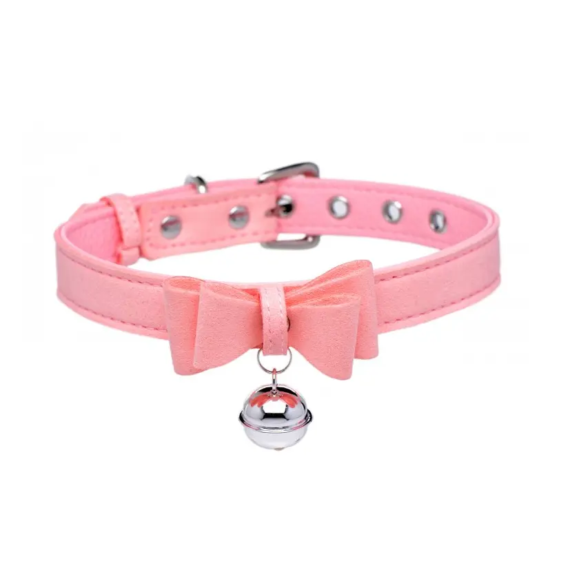 Pink pet collar with bow and bell.
