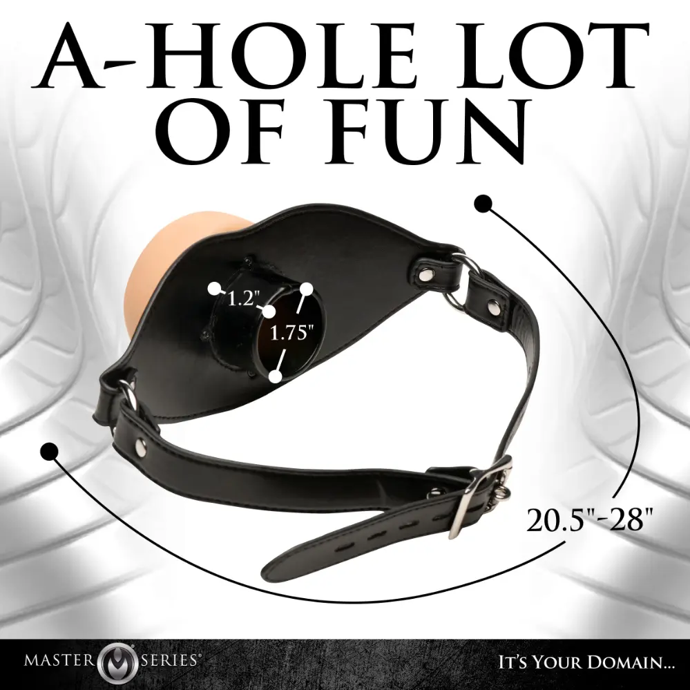 Leather face mask with adjustable straps and measurements.