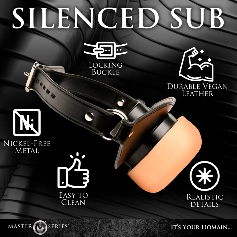 Silenced Sub gag with durable vegan leather strap.