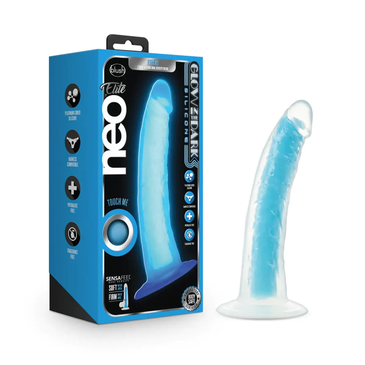 Glow-in-the-dark blue silicone toy with packaging
