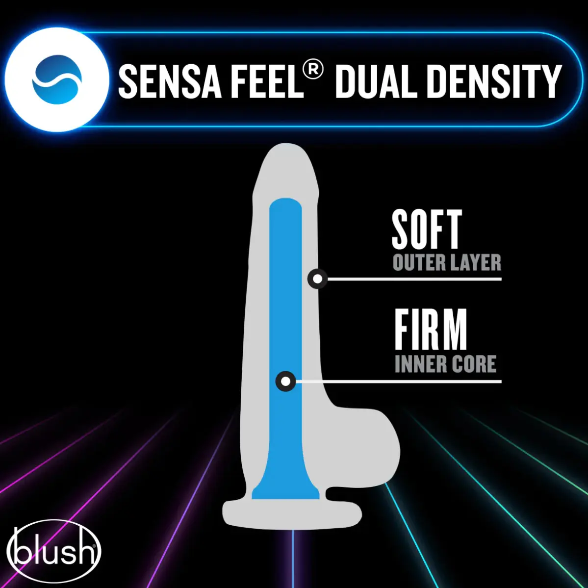 Dual density dildo with soft outer, firm inner core.