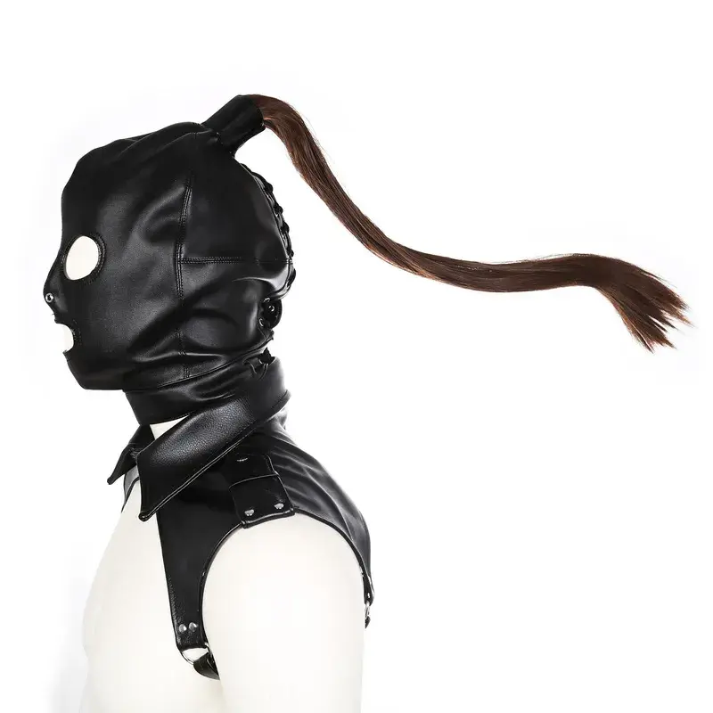 Side view of black bondage hood featuring long brown ponytail and snug design for fetish or ponyplay scenes