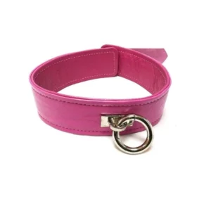 Pink leather collar with metal ring.