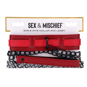 Red collar and leash set packaging.