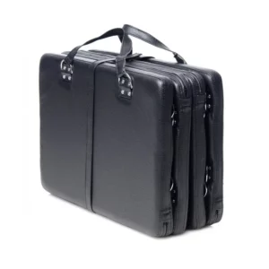 Black leather briefcase, side view, with handles.