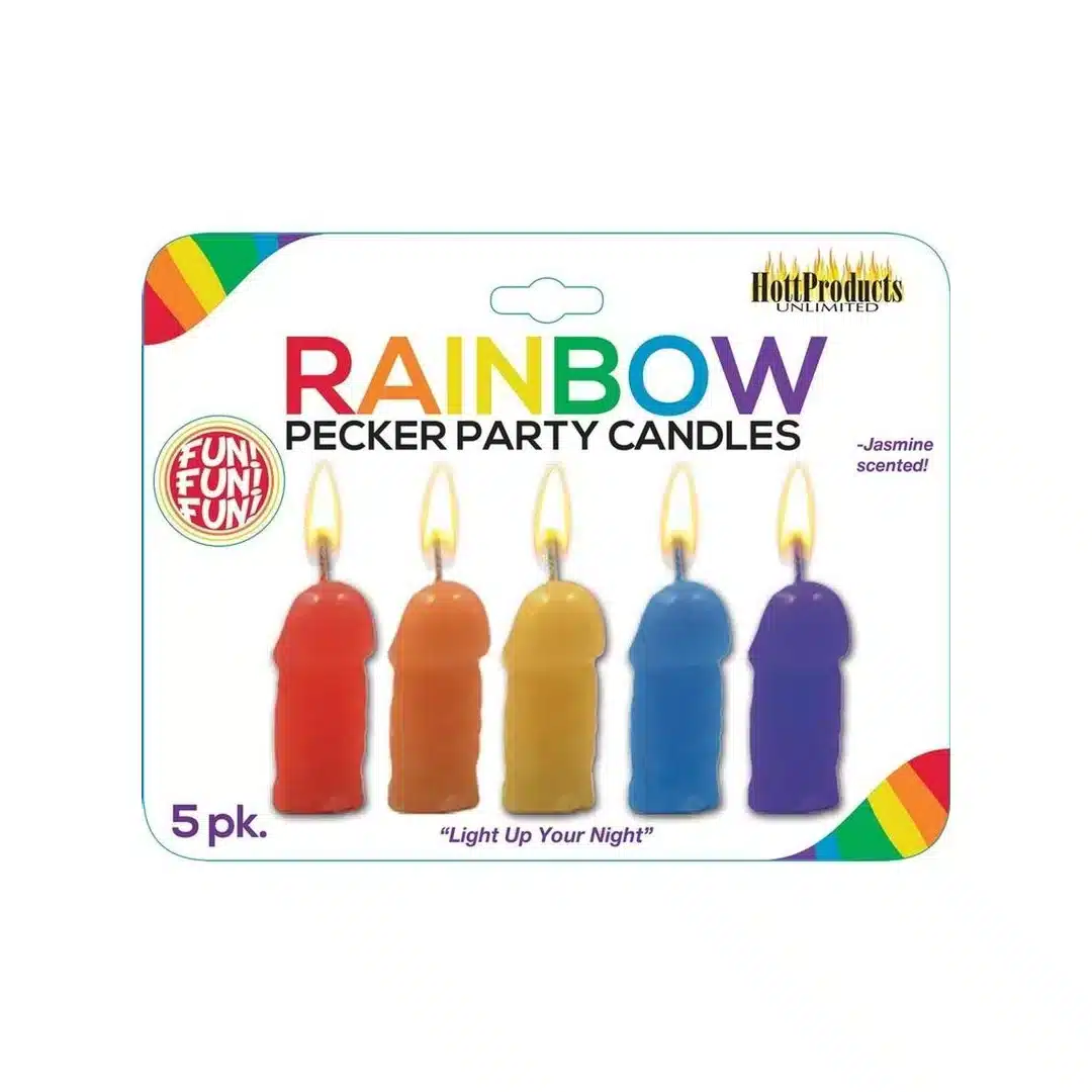 Rainbow party candles, five pack, jasmine scented.