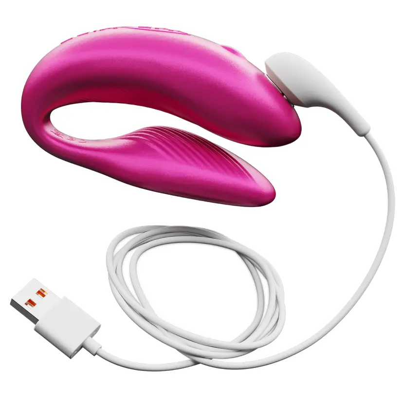 Pink rechargeable personal massager with USB cable