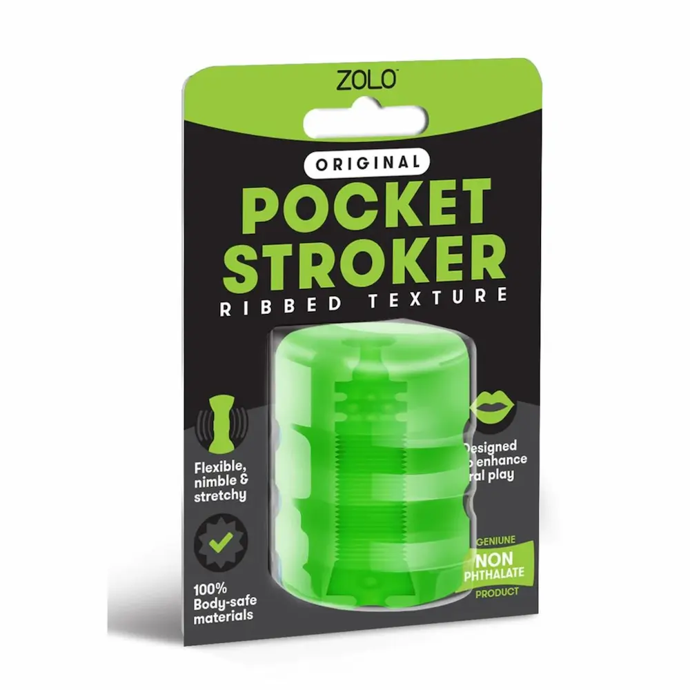 Zolo green pocket stroker with ribbed texture packaging.