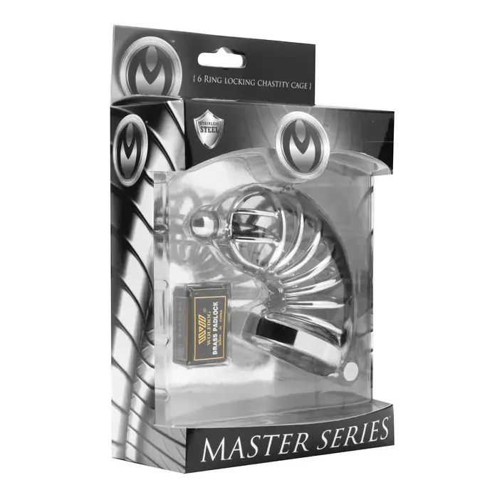 Master Series steel chastity cage in packaging.