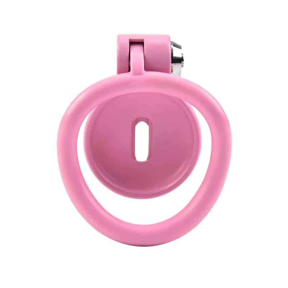 Pink plastic chastity cage front view