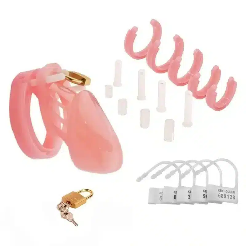 6000s short pink chastity cage with all included parts laid out against a white background