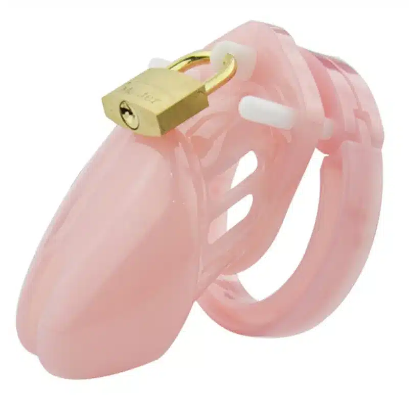 6000s short pink chastity cage with all included parts laid out against a white background