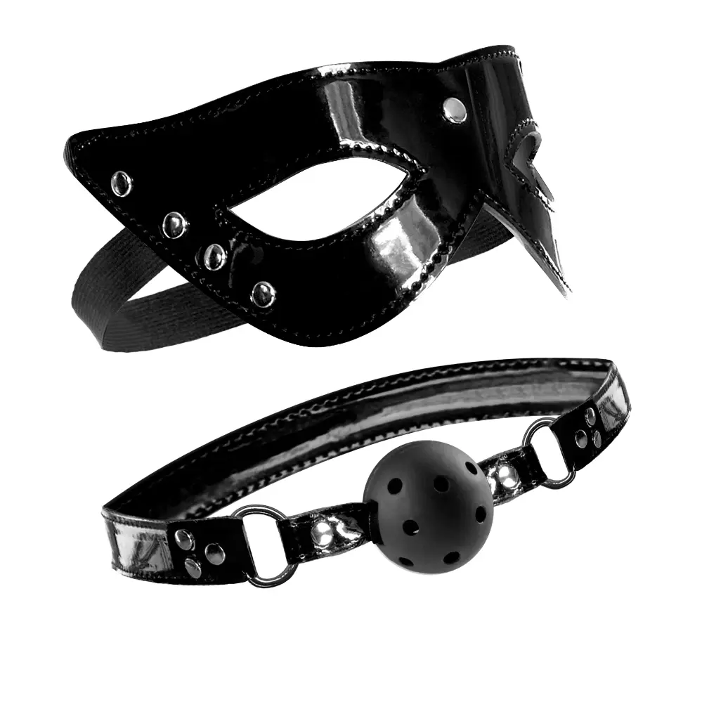 Black leather mask and ball gag set