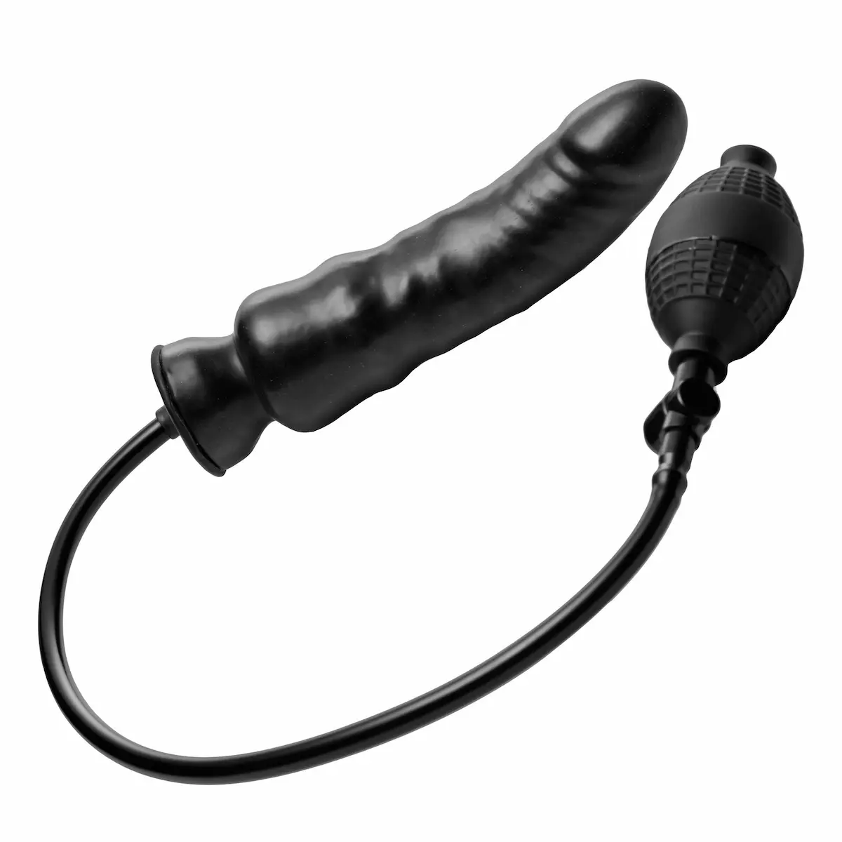 Black inflatable plug with pump attachment.