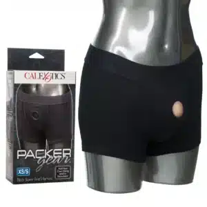 Black boxer brief harness packaging and mannequin display.