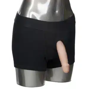 Black boxers with prosthetic attachment displayed on mannequin.