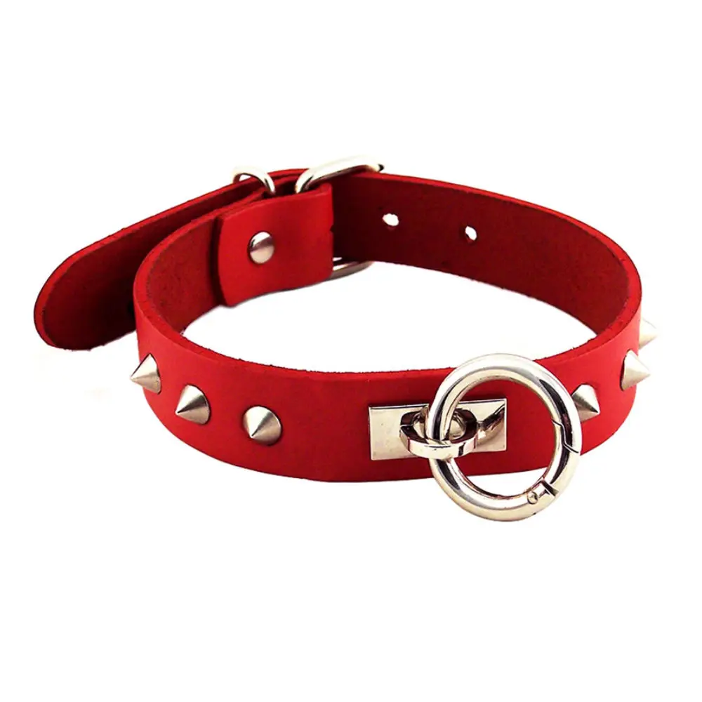 Red leather collar with silver spikes and ring.