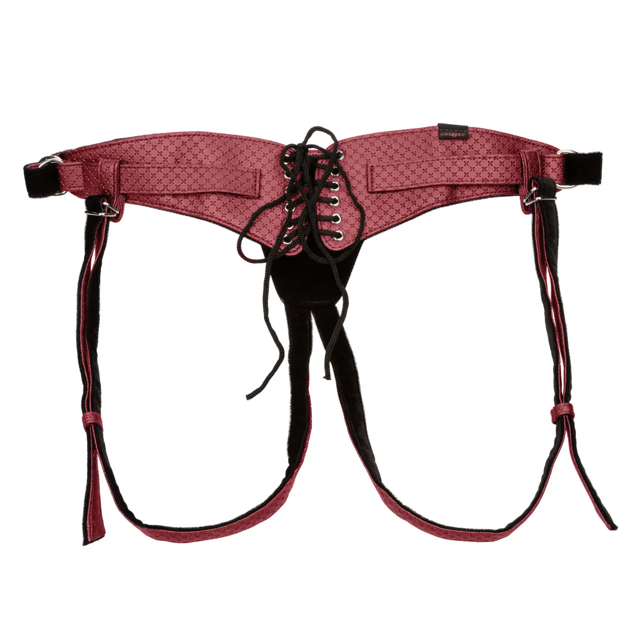 Red strappy leather garter belt with laces.