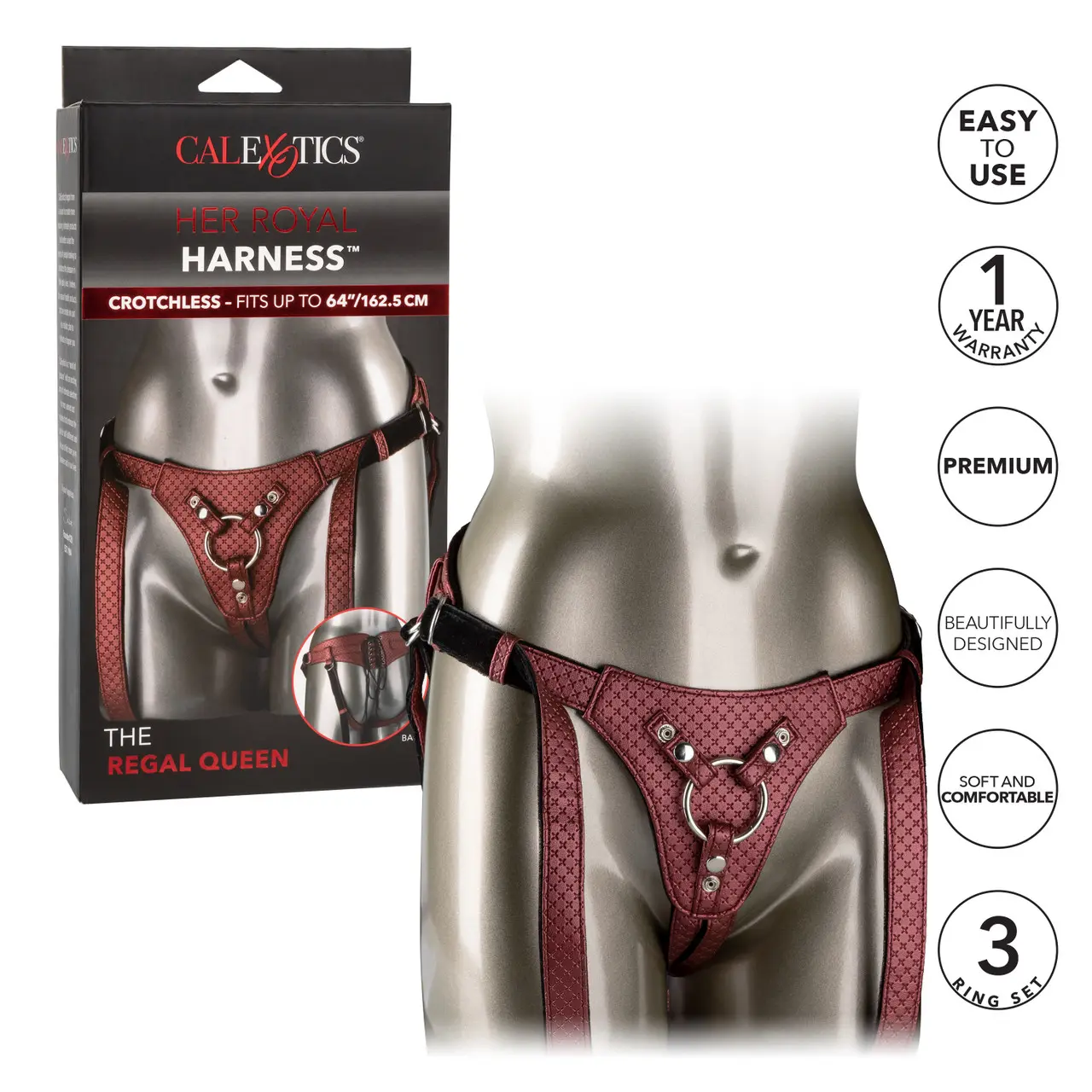 Crotchless harness with adjustable straps and ring set.