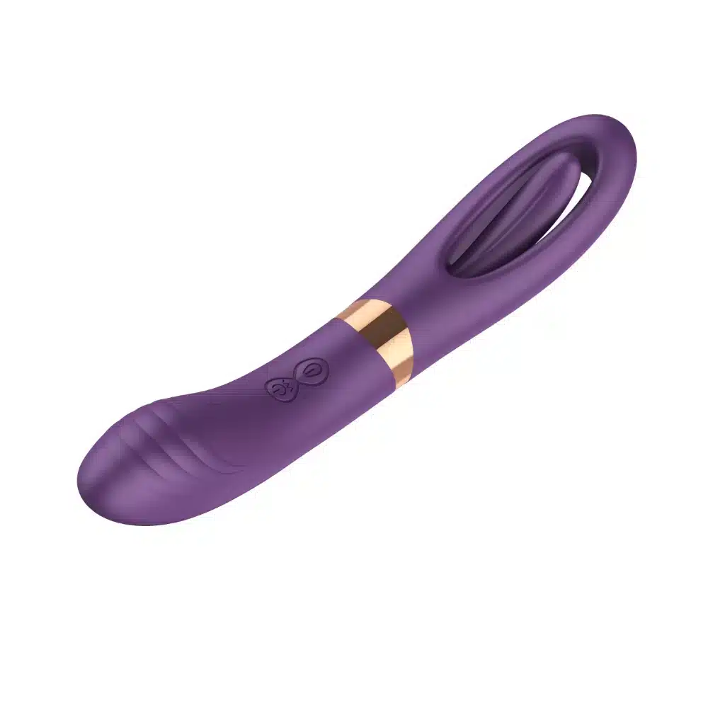 Purple silicone vibrator with ergonomic design.